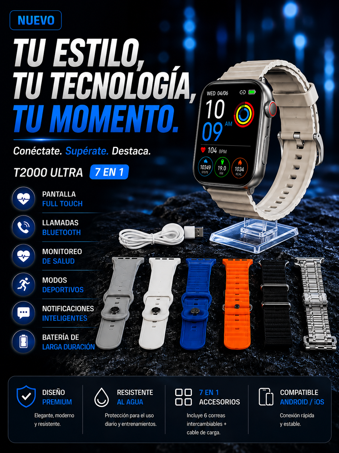Reloj Smart Watch T2000 Ultra 7 En 1